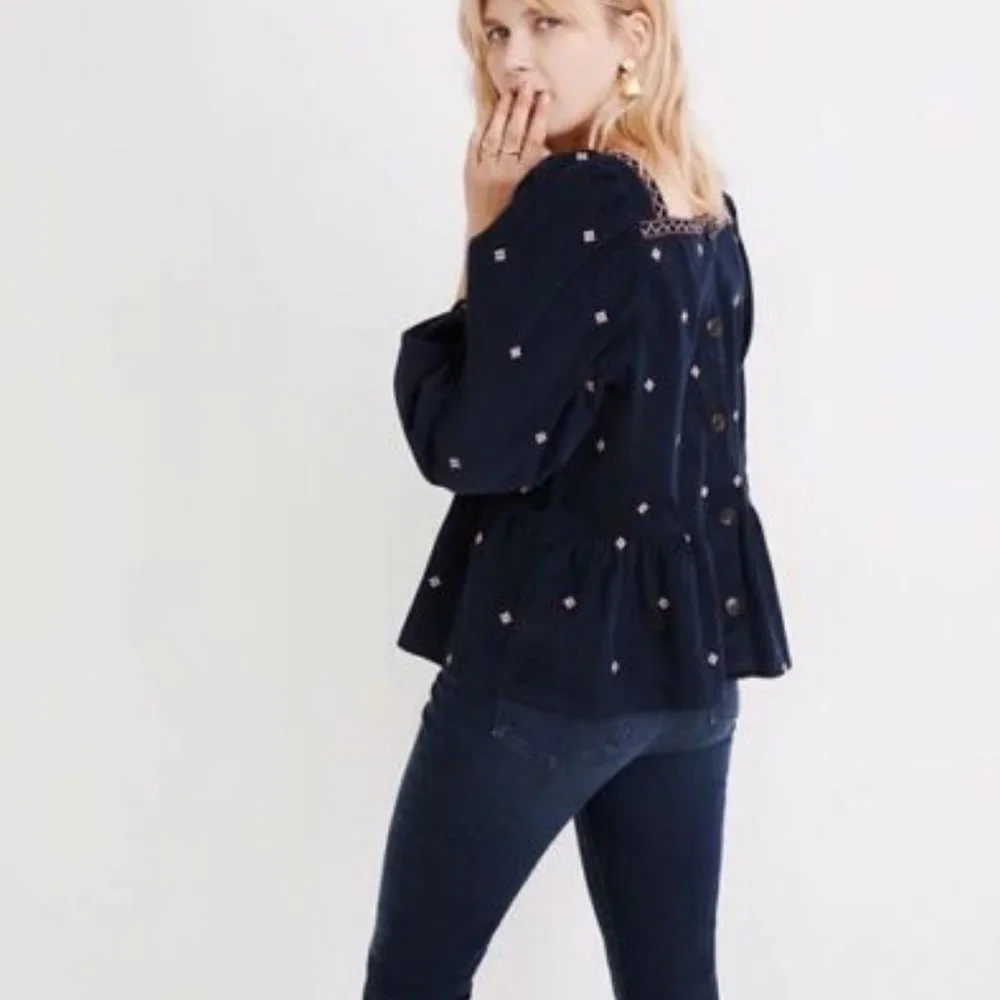 Madewell Embroidered Navy Blue Corduroy Button-Back Peplum Blouse - Size XS